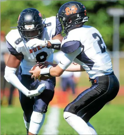  ?? TANIA BARRICKLO — DAILY FREEMAN FILE ?? Billy Williamson, left, playing earlier in the season, rushed for 212 yards and three touchdowns in Marlboro’s win over Spackenkil­l.