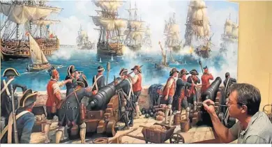  ?? ?? Augusto Ferrer-dalmau, el mejor pintor actual de temas militares, pintando su obra sobre la actuación del fuerte de la Isla Verde en la batalla naval de Algeciras (1801).