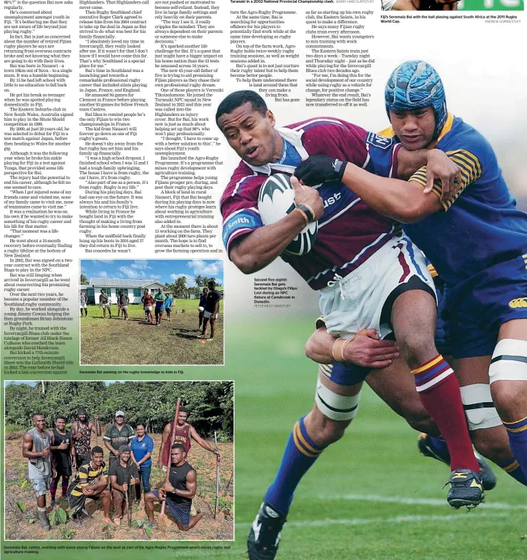  ?? PETER MEECHAM/STUFF ?? Second five eighth Seremaia Bai gets tackled by Otago’s Filipo Levi during an NPC fixture at Carisbrook in Dunedin.