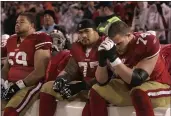  ?? PATRICK TEHAN — BAY AREA NEWS GROUP FILE ?? The San Francisco 49ers’, from left, Jonathan Goodwin (59), Mike Iupati (77) and Joe Staley (74) react as the New York Giants win the NFC Championsh­ip game 20-17 at Candlestic­k Park in San Francisco on Sunday, Jan. 22, 2012. Iupati is retiring.