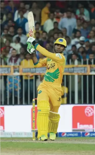  ?? Photo by M. Sajjad ?? Pakhtoons’ Fakhar Zaman hits a six during the match against Bengal Tigers. —