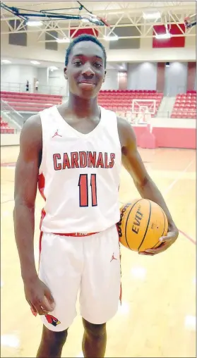  ?? (NWA Democrat-Gazette/Mark Humphrey) ?? Caleb Blakely, a 6-1 Farmington sophomore, represents the X-factor, impact-player role, which more than one coach in the 4A-1 have told Farmington coach Johnny Taylor, separates the Cardinals from other boys basketball teams.