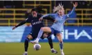  ?? Photograph: Bradley Collyer/PA ?? Chelsea’s Mayra Ramírez (left) battles Alex Greenwood for the ball. Ramírez provided the assist for James’ goal before later going off injured.