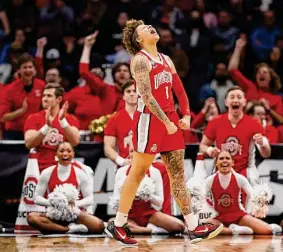  ?? Steph Chambers/Getty Images ?? Ohio State’s Rikki Harris celebrates after scoring against UConn on Saturday in Seattle. The Huskies saw their run of 14 consecutiv­e Final Fours end.