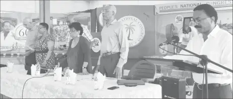  ?? (PNCR photo) ?? General Secretary Basil Williams addressing the gathering. President David Granger is second from right.