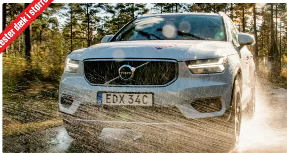  ??  ?? ▲
Alle daek testes på den samme Volvo XC40 med forhjulstr­aek. Kun aquaplanin­gstesten foregår med en speciel bil.