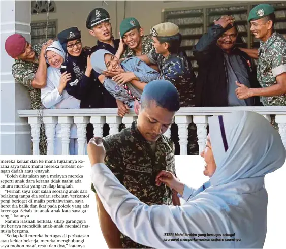  ??  ?? ISTERI Mohd Ibrahim yang bertugas sebagai jururawat memperkema­skan uniform suaminya.