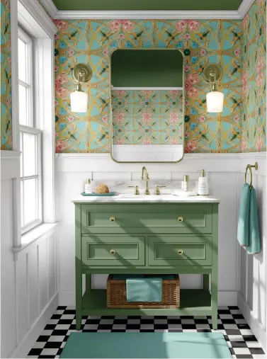  ??  ?? A teal vanity paired with teal patterned tiles makes a statement, above (SONAS)