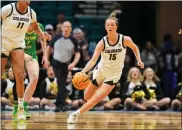  ?? ?? Colorado’s Kindyll Wetta brings the ball up the court against Oregon on Wednesday in Las Vegas.
