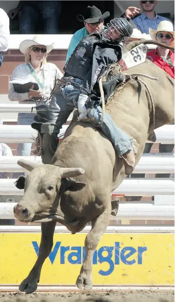  ?? COLLEEN DE NEVE/POSTMEDIA NEWS ?? Merritt, B.C. bull rider Ty Pozzobon holds on tight to Mr. Buddy as he rides for a score of 89.5 on Wednesday at the Calgary Stampede rodeo event.