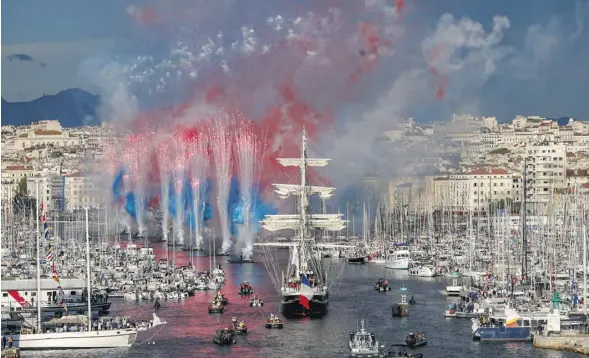  ?? PHOTOGRAPH: BENOÎT TESSIER/REUTERS ?? ▲ The three-masted ship Belem, carrying the Olympic flame from Greece, approaches Marseille