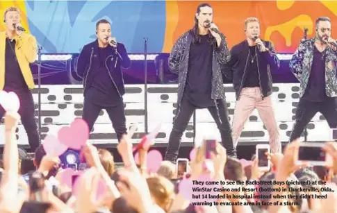  ?? GETTY ?? They came to see the Backstreet Boys (pictured) at the WinStar Casino and Resort (bottom) in Thackervil­le, Okla., but 14 landed in hospital instead when they didn’t heed warning to evacuate area in face of a storm.