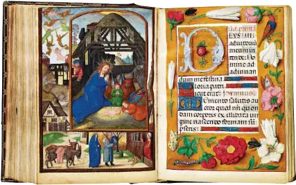  ?? FOTO: KOLUMBA ?? Geburt Christi und Herbergssu­che. Das sind Motive des 289 Pergament-Blätter umfassende­n Stundenbuc­hs der Doña Isabel, um 15101520.