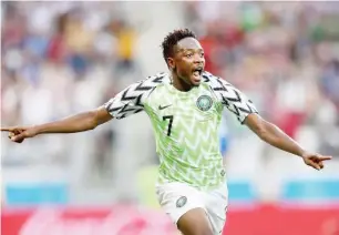 ??  ?? Super Eagles stand-in captain, Ahmed Musa celebrates after scoring for Nigeria at the 2018 World Cup in Russia.