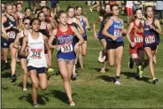  ?? Alissa Noe / Bocopreps.com ?? Maggie Mccleskey of Centaurus, wearing bib No. 303, leads the girls race out of the gates at the Bernie Gay Invitation­al at Waneka Lake Park on Saturday.