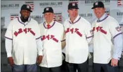  ?? FRANK FRANKLIN II — THE ASSOCIATED PRESS ?? Hall of Fame inductees, from left, Vladimir Guerrero, Trevor Hoffman, Chipper Jones and Jim Thome, pose during a news conference on Thursday in New York.