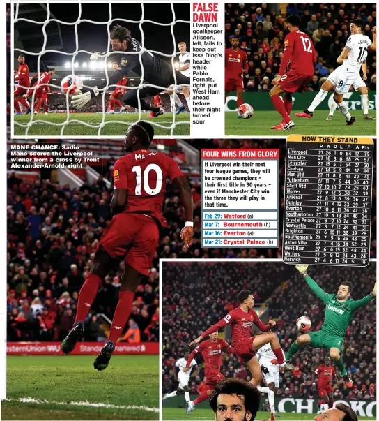  ??  ?? MANE CHANCE: Sadio Mane scores the Liverpool winner from a cross by Trent Alexander-Arnold, right
FALSE DAWN Liverpool goalkeeper Alisson, left, fails to keep out Issa Diop’s header while Pablo Fornals, right, put West Ham ahead before their night turned sour