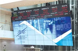  ?? (Avshalom Sassoni/Flash90) ?? A STOCK MARKET ticker screen in the lobby of the Tel Aviv Stock Exchange yesterday.
