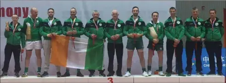  ??  ?? Paul Hogan, Ballycloug­h (second from left) with the Mountain View team who represente­d Ireland at the Tug of War Indoor World Championsh­ips in China and won the 560kg class.