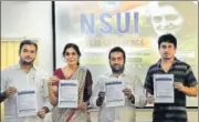  ?? SONU MEHTA/HT ?? NSUI state president Akshay Lakra (from L), national incharge Ruchi Gupta, national president Fairoz Khan and secretary Uday Bhanu Chib release NSUI’s manifesto on Thursday.