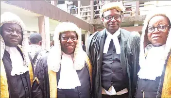  ??  ?? George Igbokwe (San)(left); Chief Albert Akpomudje (SAN); Nosa Edo-osagie and Roland Otaru (SAN) during the valedictor­y court session of his Lordship Hon. Justice Esohe Ikponmwen in Benin City, Edo state recently.