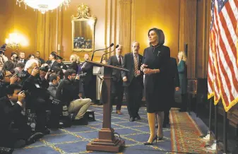  ?? Patrick Semansky / Associated Press ?? Speaker Nancy Pelosi, DCalif., prepares to speak on Capitol Hill this month after the House voted to impeach President Trump on charges of abuse of power and obstructin­g Congress.