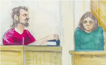  ?? FELICITY DON/THE CANADIAN PRESS ?? John Nuttall, left, holding a Qur’an, and Amanda Korody, shown in this courtroom sketch, appeared in provincial court in Surrey, B.C., on Tuesday. Nuttall has been ‘certified’ under mental-health laws and transferre­d to a forensic hospital.