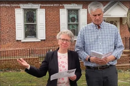  ?? IMAGE FROM SCREEN SHOT ?? The Rev. Kerry Pidcock-Lester and the Rev. Carter W. Lester, Jr., co-pastors of First Presbyteri­an Church began the traditiona­l Good Friday procession that was held a day early this year in Pottstown.