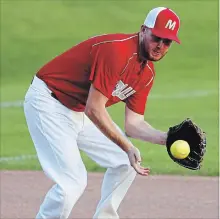  ?? CLIFFORD SKARSTEDT EXAMINER ?? Marshall’s Brent Canning makes easy work on an infield hit against Terry’s Gas &amp; Variety in Game 1 of the Peterborou­gh Men’s Softball Associatio­n City League championsh­ip series Aug. 9 at George (Red) Sullivan East City Bowl.
