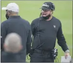  ?? ISAAC BREKKEN — THE ASSOCIATED PRESS ?? Las Vegas Raiders head coach Jon Gruden speaks on the sideline during the first half against the Buffalo Bills on Sunday in Las Vegas.