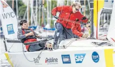  ?? FOTO: L. WEHRMANN/DSBL ?? Trotz vollem Einsatz kam das Team des WYC – Dennis Mehlig, Yannick Hafner, Felix Diesch (im Bild links) und Oliver Munz (rechts) – auf dem Wannsee nur auf Platz 16.