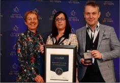  ??  ?? Martina and Hugh Kenny of Coatek receiving All-Ireland Business Foundation All-Star accreditat­ion at Croke Park from Dr Briga Hynes of University of Limerick.