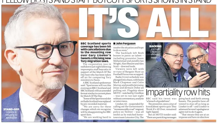  ?? ?? STAND-OFF Lineker is refusing to apologise