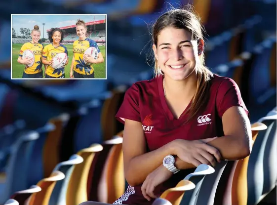  ?? Pictures: AAP IMAGE/CAVAN FLYNN ?? Queensland schoolgirl sprint champion Kaitlin Shave is having a crack at sevens. Inset pictured with Taylor Fenton and Tarni Peepe.