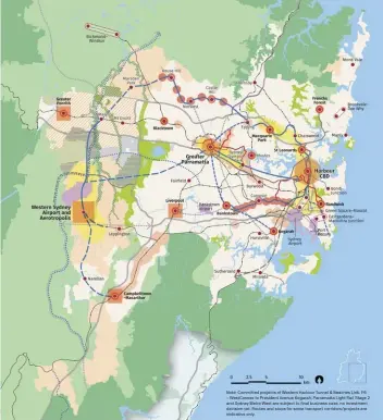  ??  ?? Note: Committed projects of Western Harbour Tunnel & Beaches Link. F6 – WestConnex to President Avenue Kogarah, Parramatta Light Rail Stage 2 and Sydney Metro West are subject to final business case, no investment decision yet. Routes and stops for some transport corridors/projects are indicative only.
The plan sets a fortyyear vision and integrates land use, transport and infrastruc­ture planning between the three tiers of government.