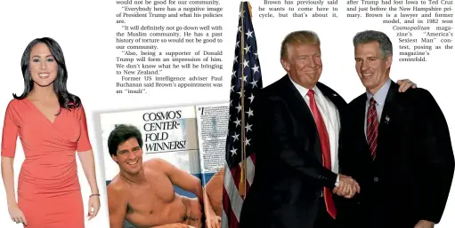 ??  ?? Scott Brown is accused of having groped fellow Fox News contributo­r Andrea Tantaros, far left. He posed for a 1982 Cosmopolit­an centrefold and endorsed Donald Trump at a critical time in the presidenti­al campaign.