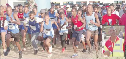  ?? (Pics: Melusi Mkhabela) ?? Some athletes leave the starting point during the Epilepsy Half Marathon in Lobamba on Saturday. (INSET) Mfundo Ndzimandze was among the daring athletes who conquered the race.