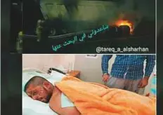  ??  ?? Above: A still from the video posted by Major Tareq Al Sharhan of the truck fire. Below: Harkirit Singh in the hospital.