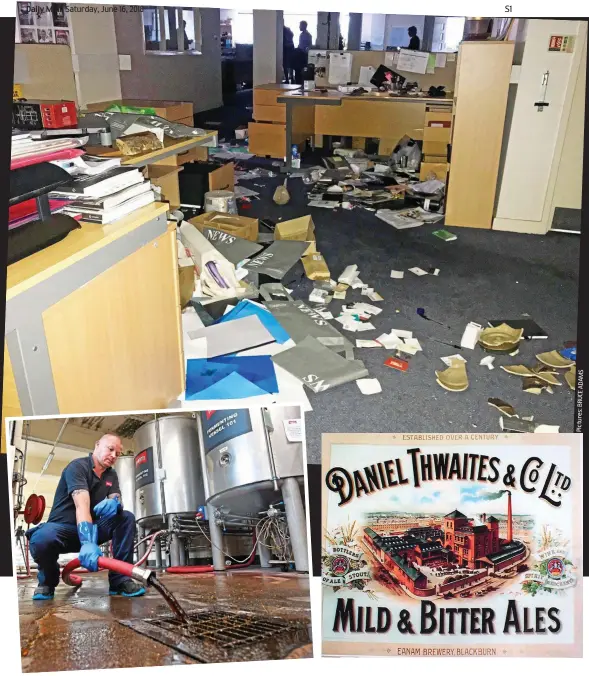  ?? Pictures: BRUCE ADAMS ?? Down the drain: A Thwaites brewer pours away a vat of ale, left, and above, the devastatio­n in the brewery offices