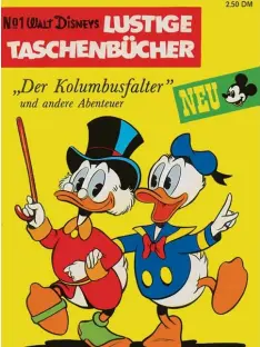  ?? Foto: Buch Contact ?? In der allererste­n Ausgabe des „Lustigen Taschenbuc­hs“schnattert Donald Duck (rechts) angeregt mit seinem Onkel Dagobert.