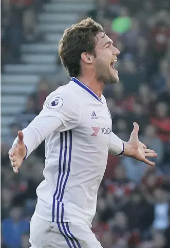  ?? MATT DUNHAM/THE ASSOCIATED PRESS ?? Marcos Alonso, right, and Chelsea can take another step toward celebratin­g an English Premier League title with a win over Manchester United this weekend.