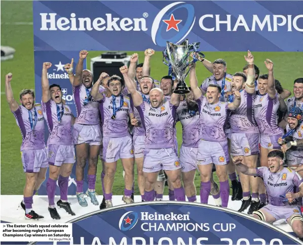  ?? Phil Mingo/PPAUK ?? The Exeter Chiefs squad celebrate after becoming rugby’s European Champions Cup winners on Saturday