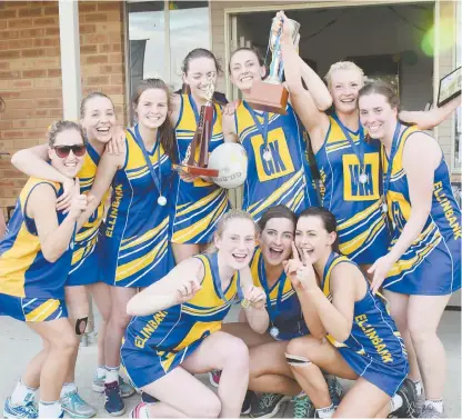  ??  ?? Ellinbank A graders celebrate with the premiershi­p spoils after their tension packed extra time win. Rear row, from left, Teagan Winduss, Danielle Miller, Breanna Pratt, Shannon Pratt, Sam Hodge, Taylah Bott and Stephanie Miller. Front: Jasmine Ferguson, Tess Steinfort, Anna Robertson.