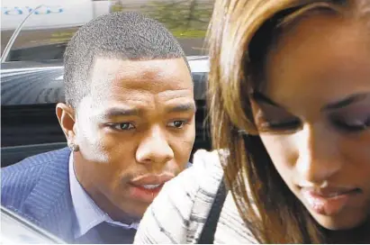  ?? JASON DECROW/ASSOCIATED PRESS ?? Ray Rice, arriving with his wife, Janay, for an appeal hearing of his indefinite suspension from the NFL in New York in 2014, was a fan favorite in Baltimore before being released in the wake of his domestic abuse incident.