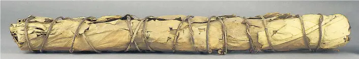  ??  ?? Nur erwachsene Makuna-Männer dürfen sakrale Yurupari-Trompeten sehen. Das Weltmuseum zeigt Teile deshalb hinter dunklem Glas oder, wie hier, eingewicke­lt in Blätter.