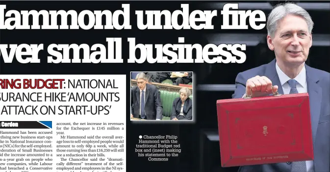  ??  ?? ● Chancellor Philip Hammond with the traditiona­l Budget red box and (inset) making his statement to the Commons