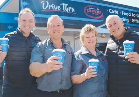  ??  ?? PUMPED UP: Celebratin­g Merlo's purchase of the three Pump drive-through cafes in Toowoomba are (from left) Merlo CEO James Wilkinson, Pump co-owners Geoff and Tracie Batzloff and Merlo founder Dean Merlo.