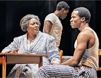  ??  ?? Revelatory: Sharon D Clarke, Natey Jones and Sope Dirisu in the Young Vic production; Arthur Miller, left