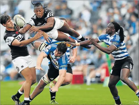  ?? Picture: GALLO IMAGES ?? HIGH-FLYING MOMENT: S’busiso Nkosi of the Sharks is first to reach the high ball during the Currie Cup match between the Sharks and Western Province at Kings Park, in Durban on Saturday