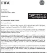  ??  ?? Faksimile e letrës që FIFA e UEFA i kanë dërguar dje FSHF-SË për bojkotin